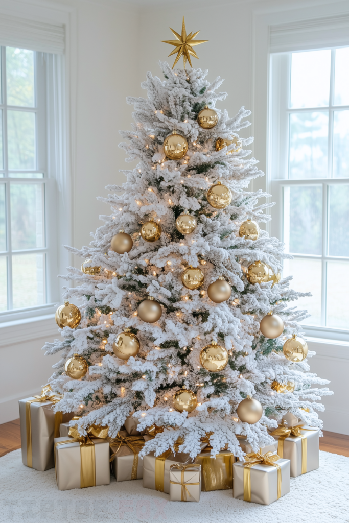 flocked white christmas tree gold and white ornaments