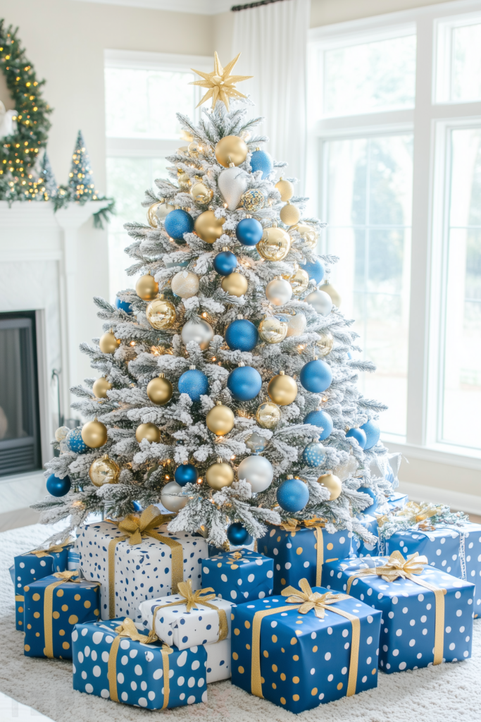 flocked white christmas tree with gold and blue ornaments