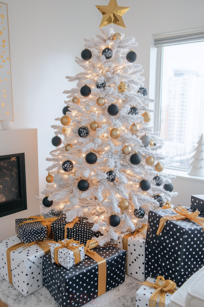 gold black and white christmas tree with gold and black decorations (1)