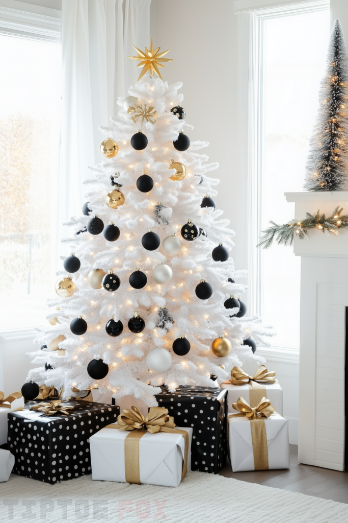 gold black and white christmas tree with gold and black decorations