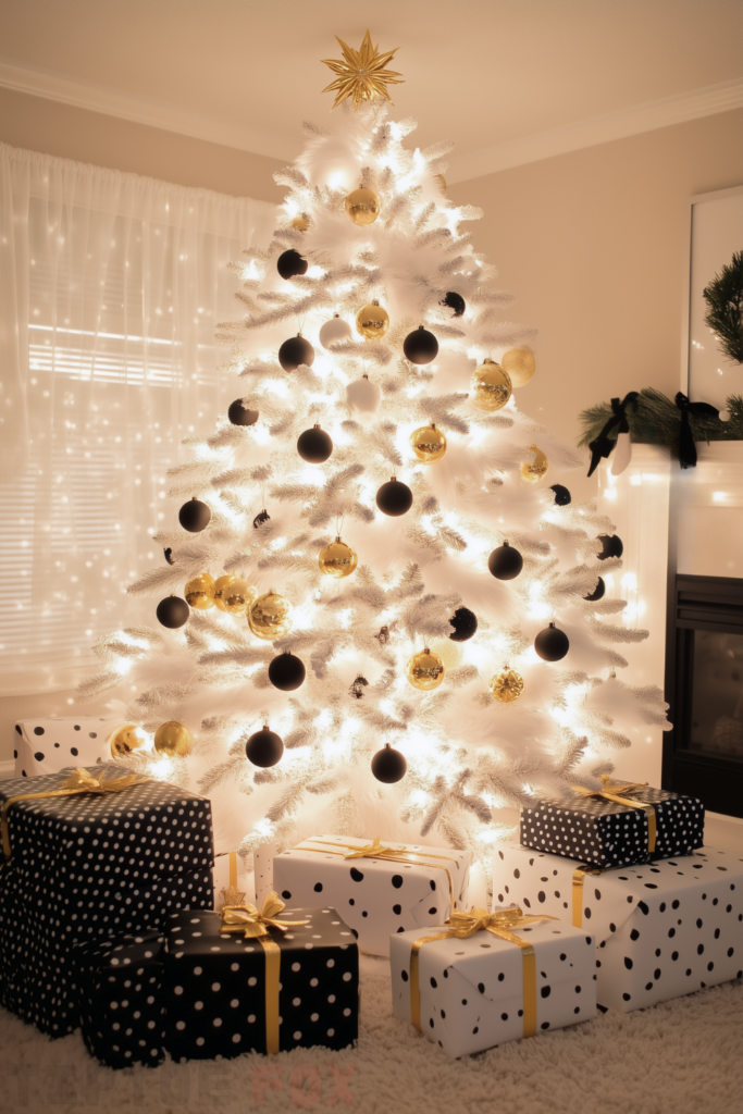 gold black and white christmas tree with gold and black ornaments (1)