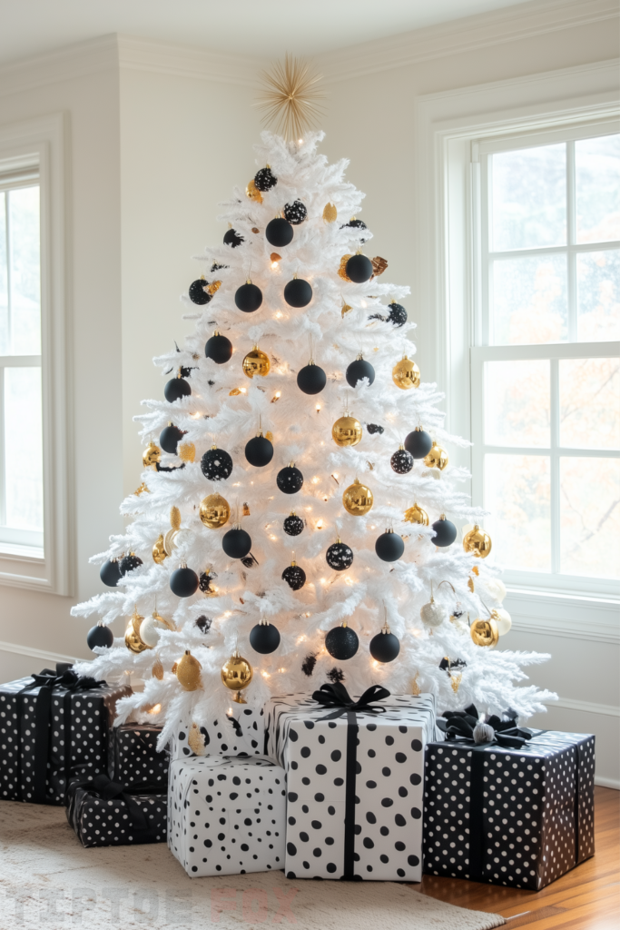 gold black and white christmas tree with gold and black ornaments