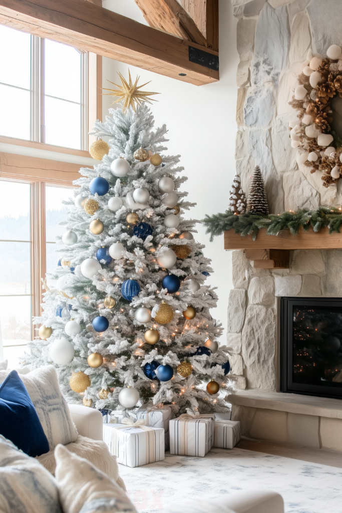 gold blue white christmas tree with gold and blue ornaments