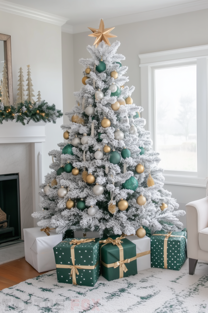 gold green and white christmas tree with gold and green decorations