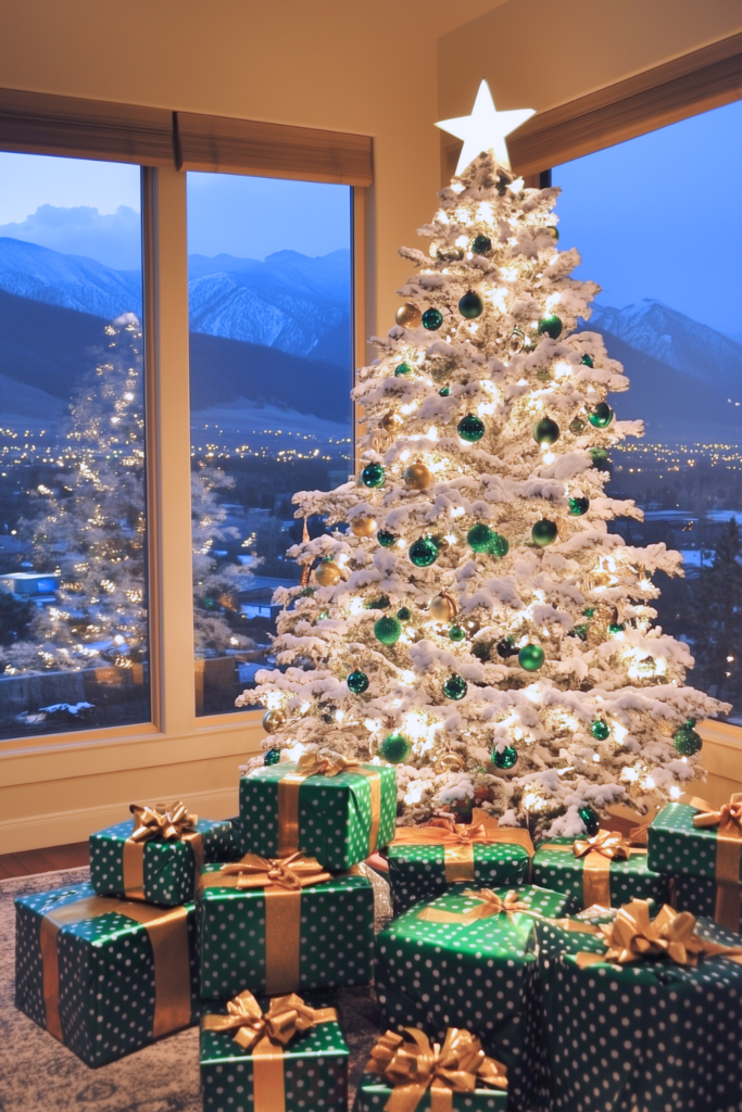 gold green and white christmas tree with green and gold decorations