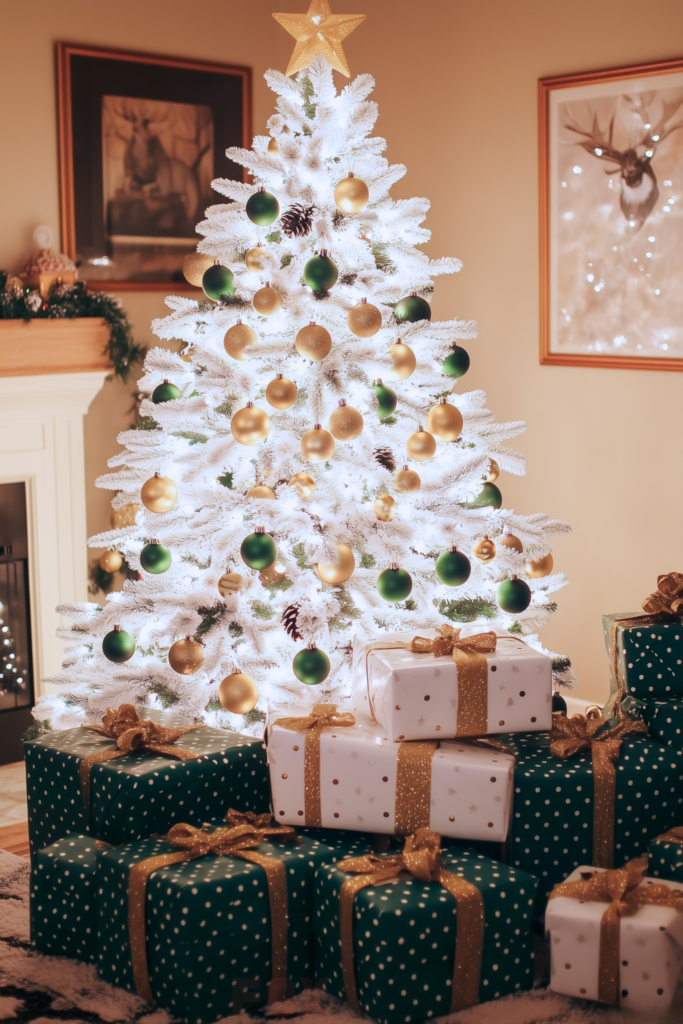 gold green and white christmas tree with green and gold ornaments