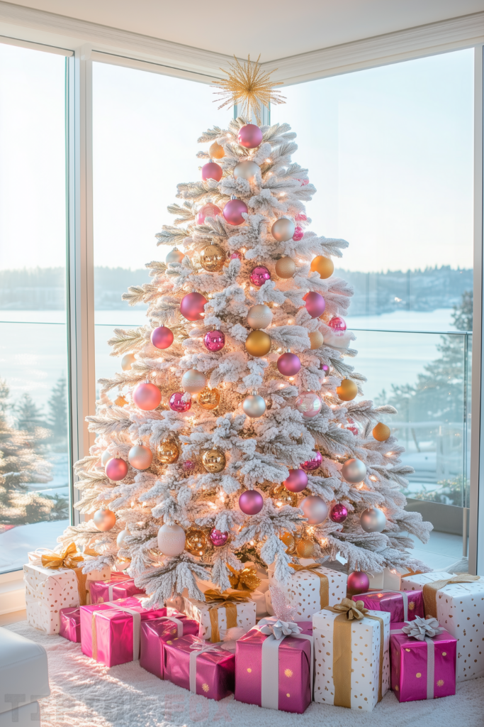 gold pink and white christmas tree hot pink ornaments