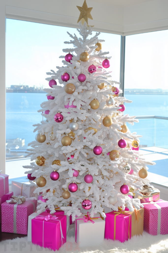 gold pink and white christmas tree with gold and pink decorations