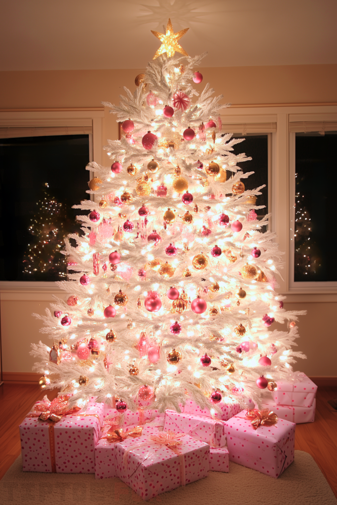 gold pink and white christmas tree with gold and pink ornaments