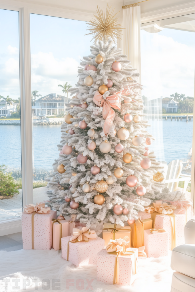 gold pink and white tree with gold and pink decorations