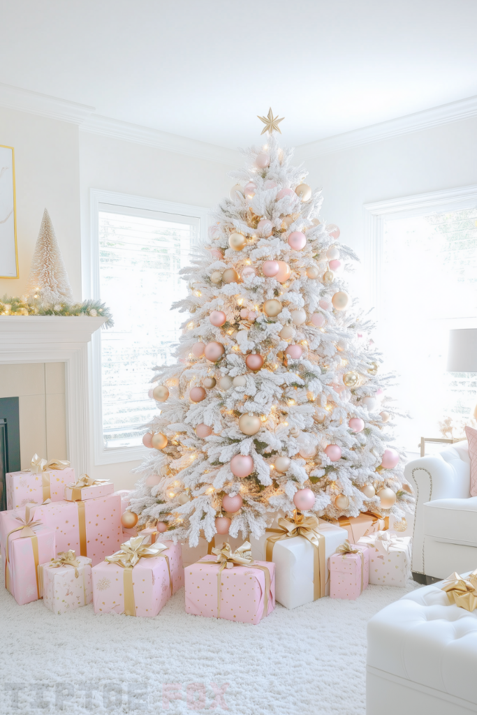 gold pink and white xmas tree with gold and pink decorations