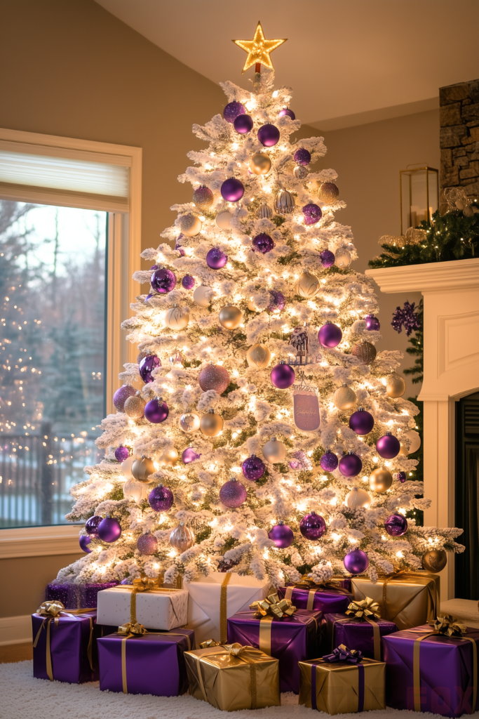 gold purple and white christmas tree with gold purple decorations