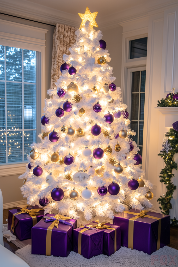 gold purple and white christmas tree with gold purple ornaments