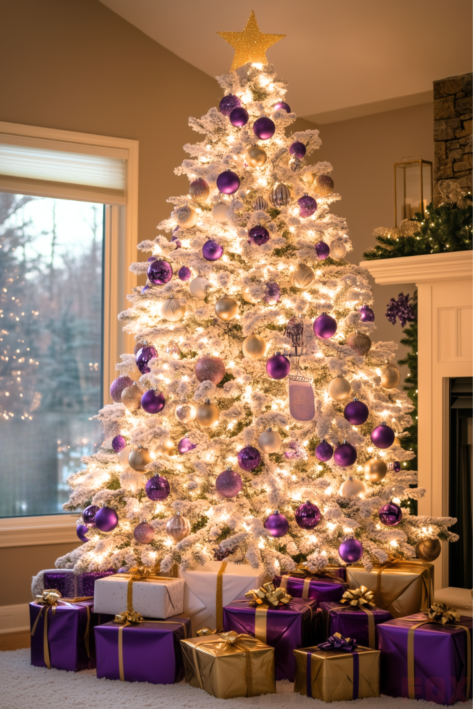 gold purple and white christmas tree with purple and gold ornaments