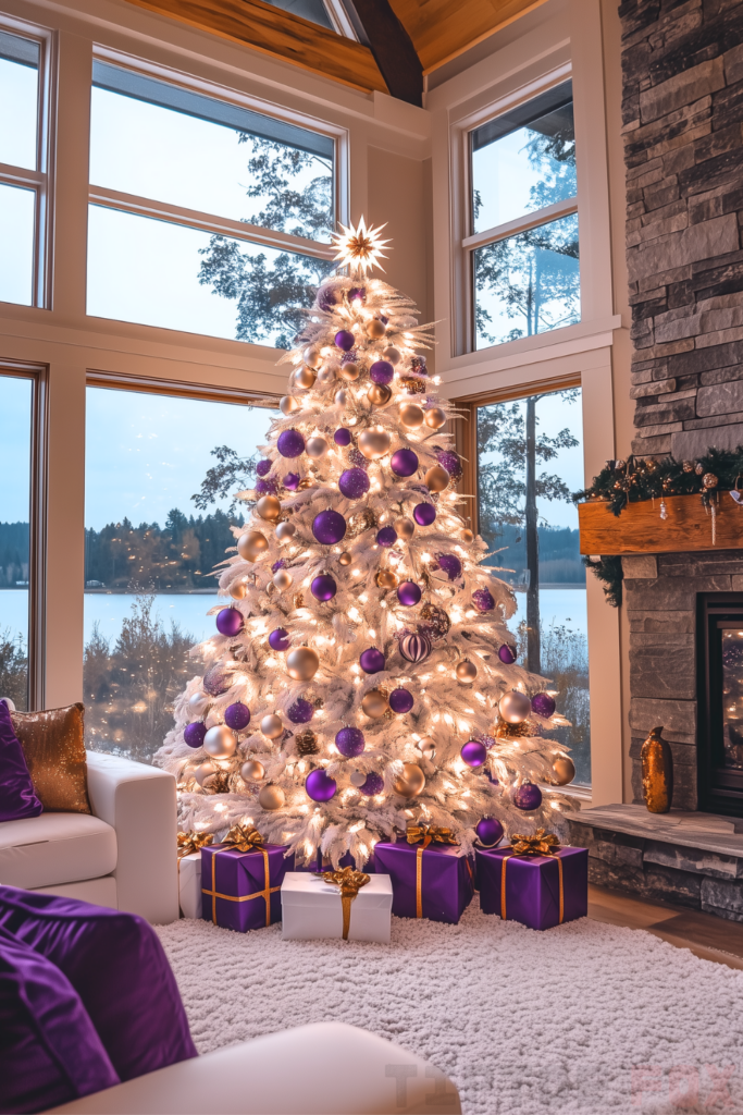 gold purple white christmas tree with gold purple ornaments