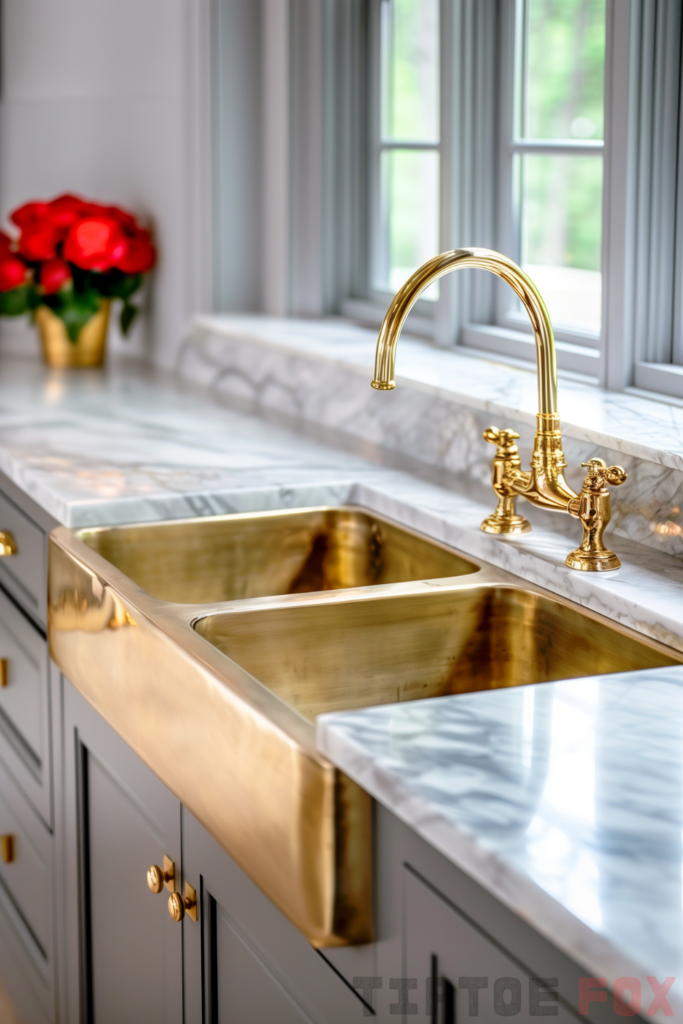 gold sink gold faucet gray countertops