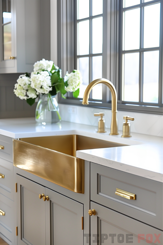 gold sink gold faucet grey kitchen