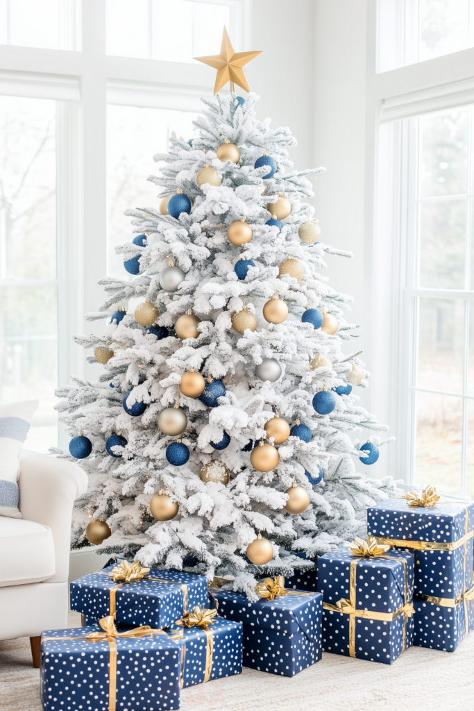 gold tree topper flocked white christmas tree gold and navy blue ornaments