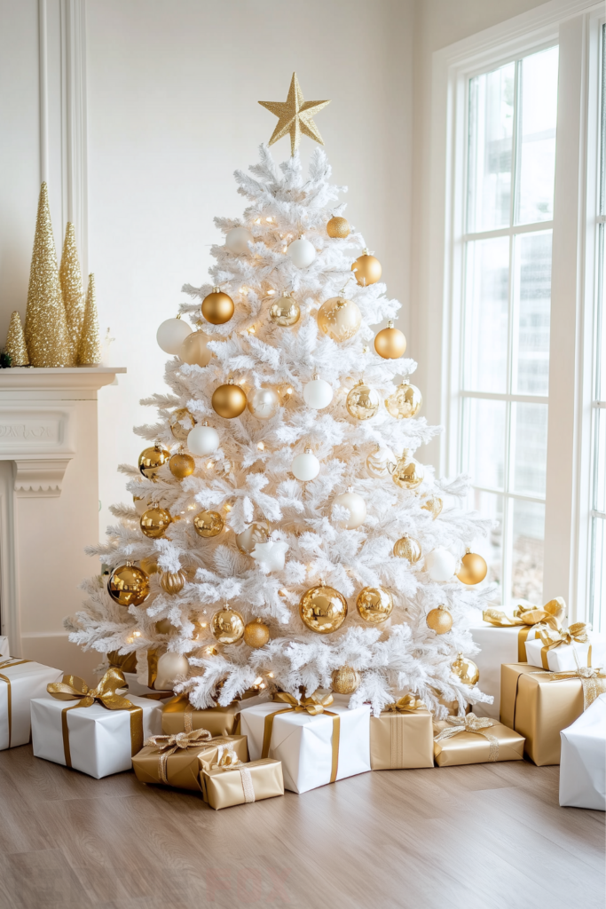 gold white christmas tree with gold and white ornaments