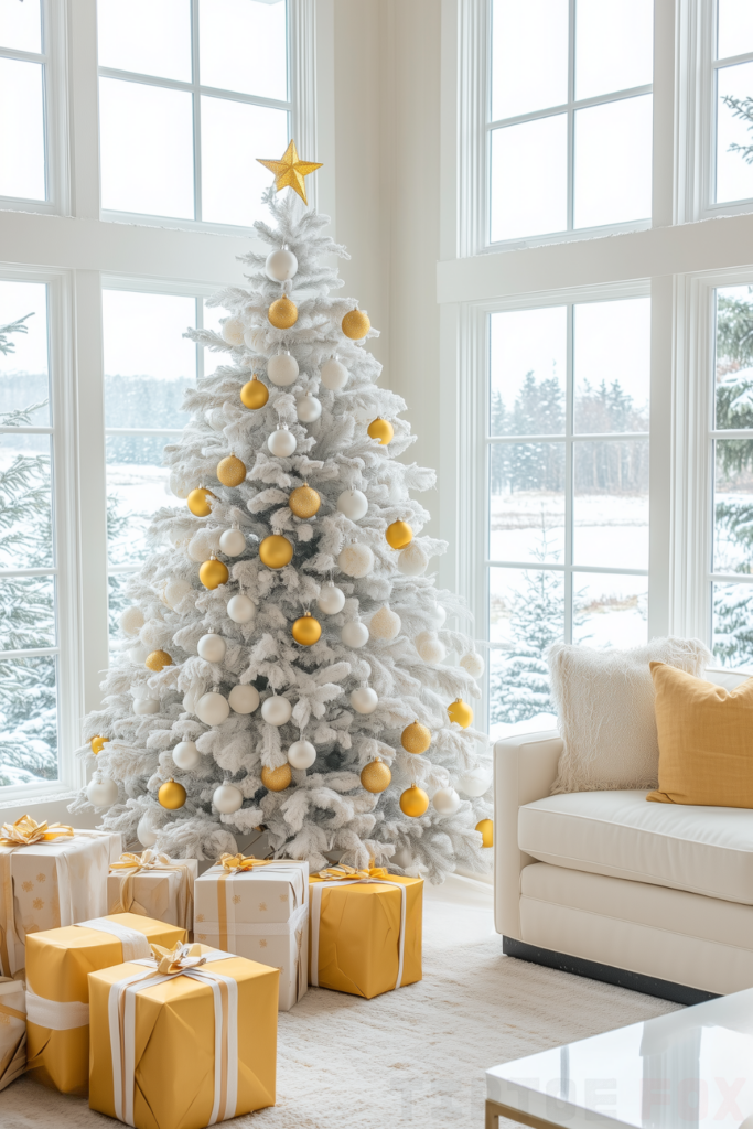 gold yellow white christmas tree yellow decorations