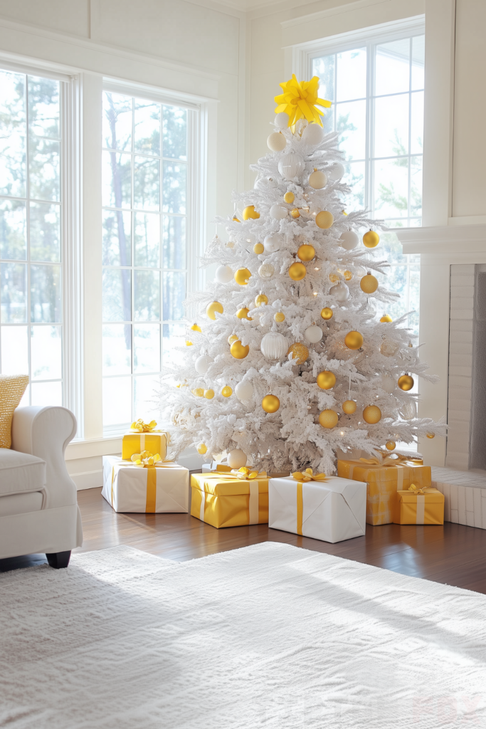 gold yellow white christmas tree yellow ornaments