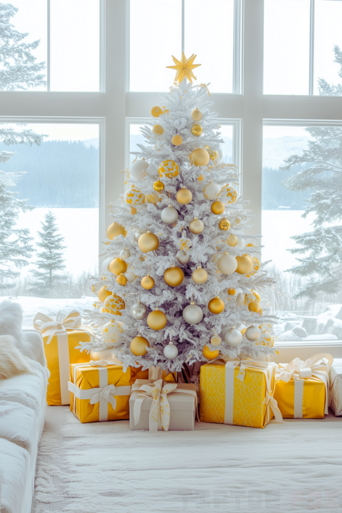 gold yellow white tree with yellow decorations