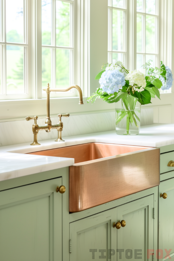 green kitchen gold faucet copper sink