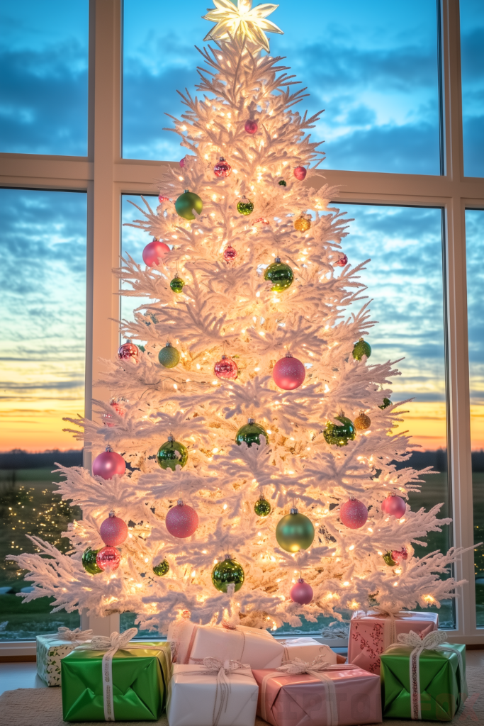 green pink white tree pink decorations