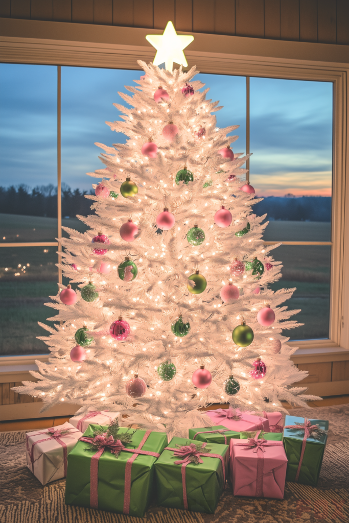 green pink white tree pink ornaments