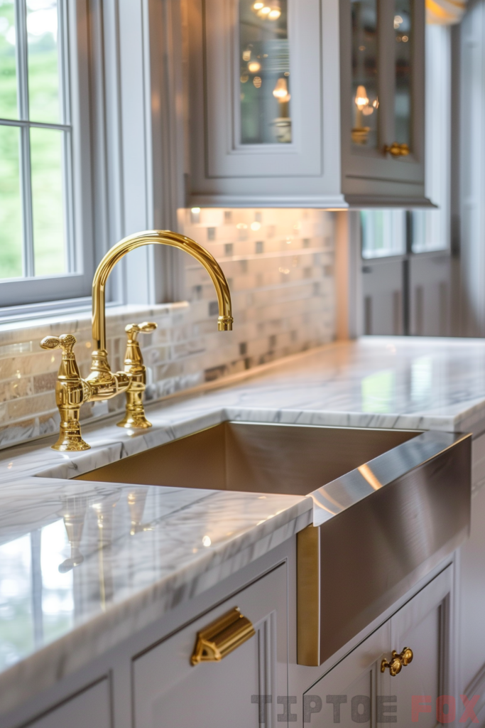 grey cabinets gold faucet silver sink