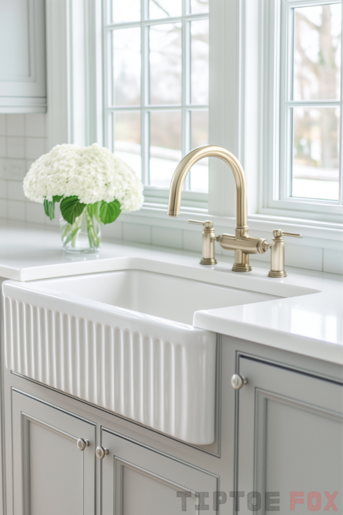 grey cabinets gold faucet white sink