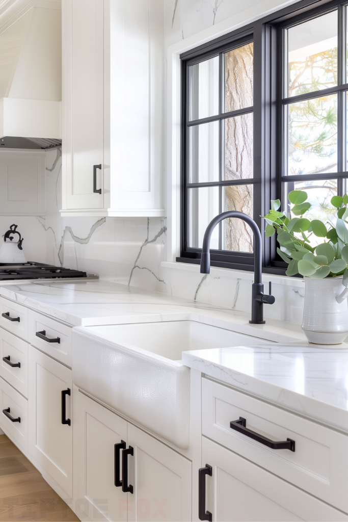 marble white kitchen black hardware farmhouse sink