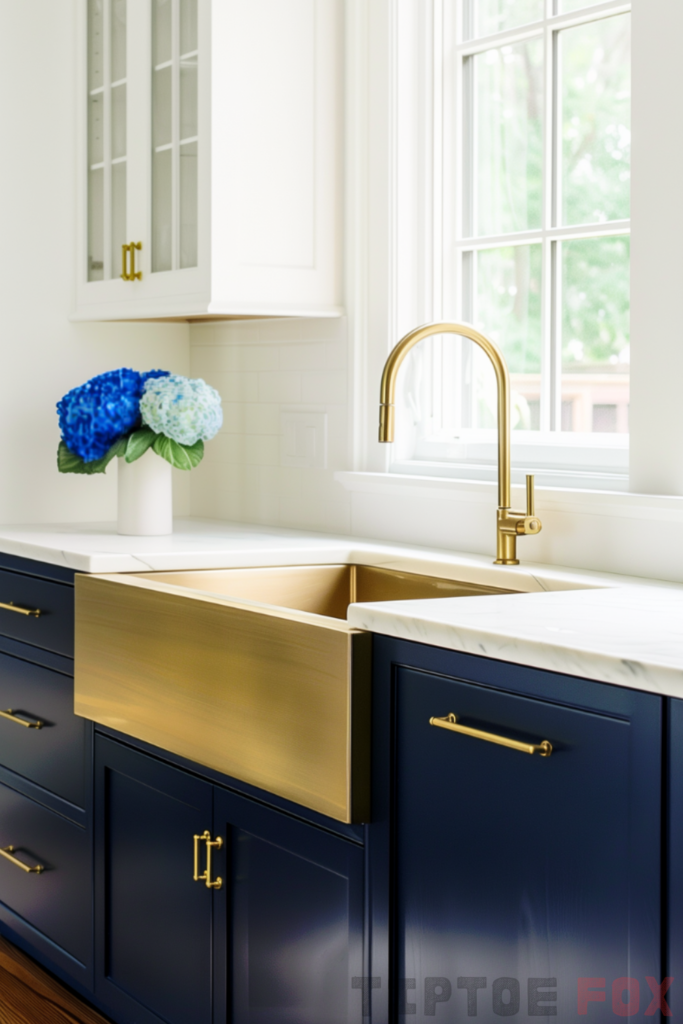 navy cabinets gold faucet gold sink