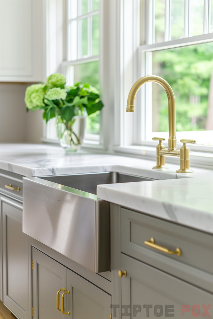 neutral kitchen gold faucet silver sink