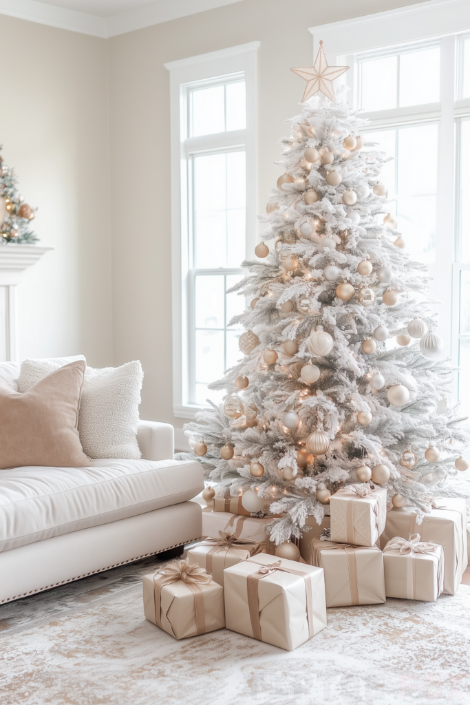 neutral white christmas tree beige decorations