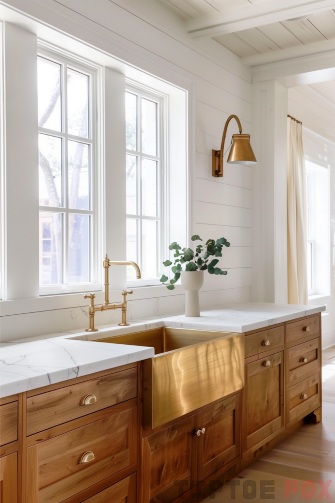 oak cabinets gold faucet farmhouse kitchen