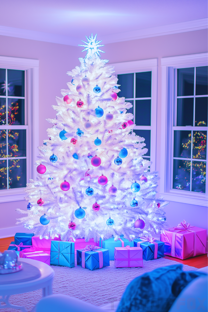 pink blue and white tree hot pink ornaments