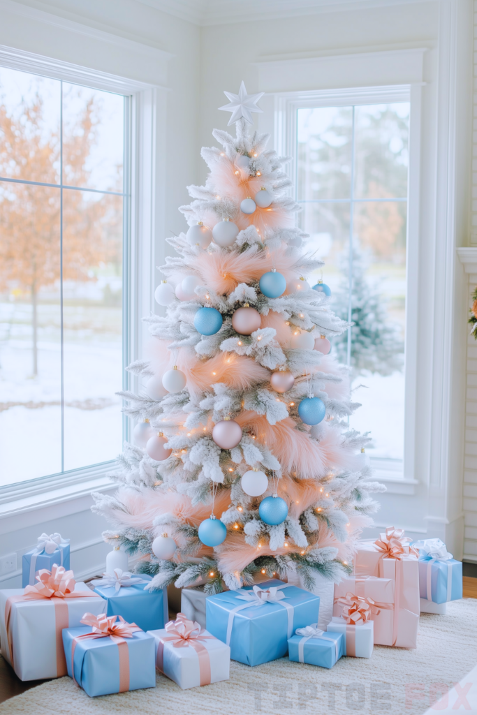 pink blue and white tree with pink and blue decorations