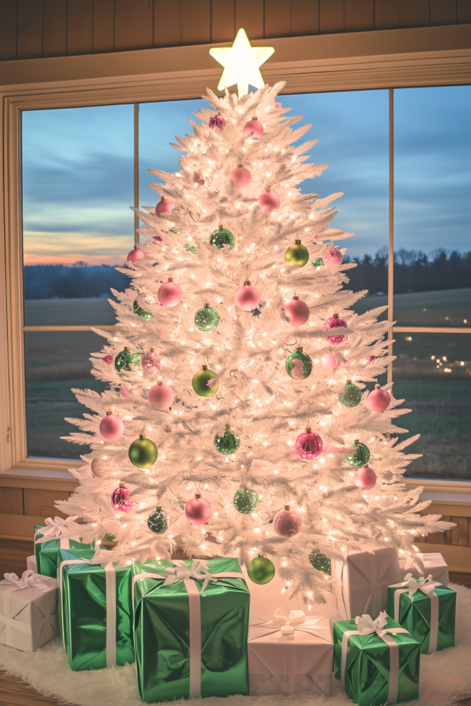 pink green white christmas tree pink and green ornaments