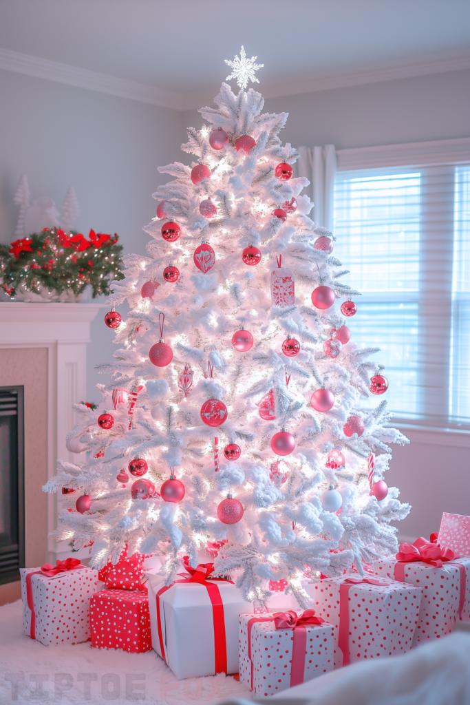 pink red white christmas tree pink red ornaments