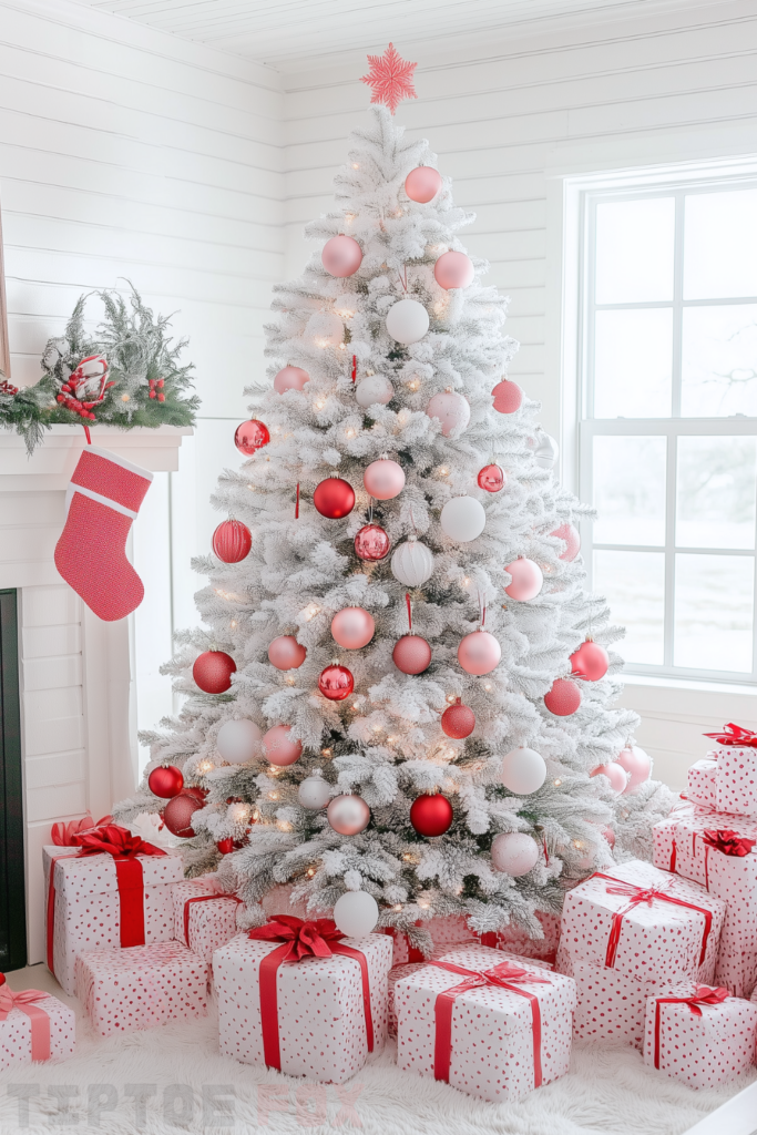 pink red white christmas tree with red and pink decorations