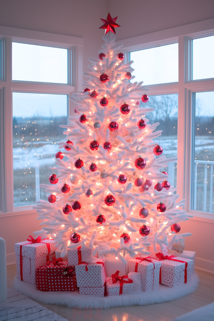 pink red white christmas tree with red and pink ornaments