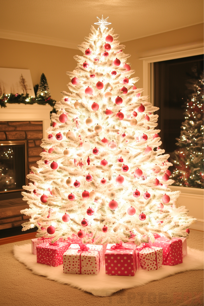 pink white christmas tree pink ornaments