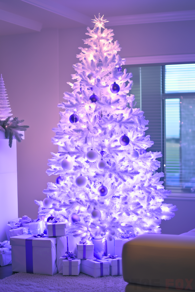 purple and white christmas tree with purple ornaments