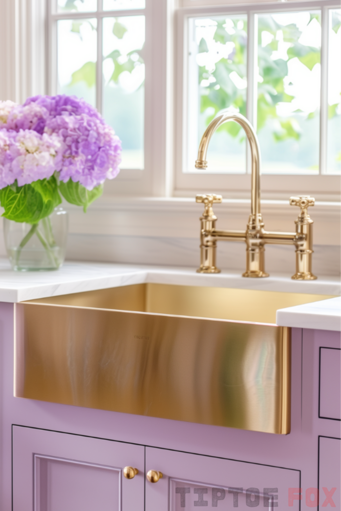 purple cabinets gold faucet with gold sink kitchen