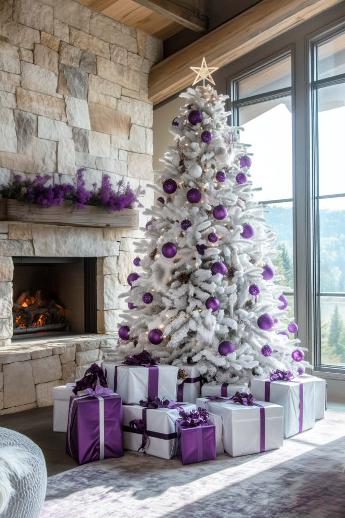 purple white christmas tree with purple and white ornaments