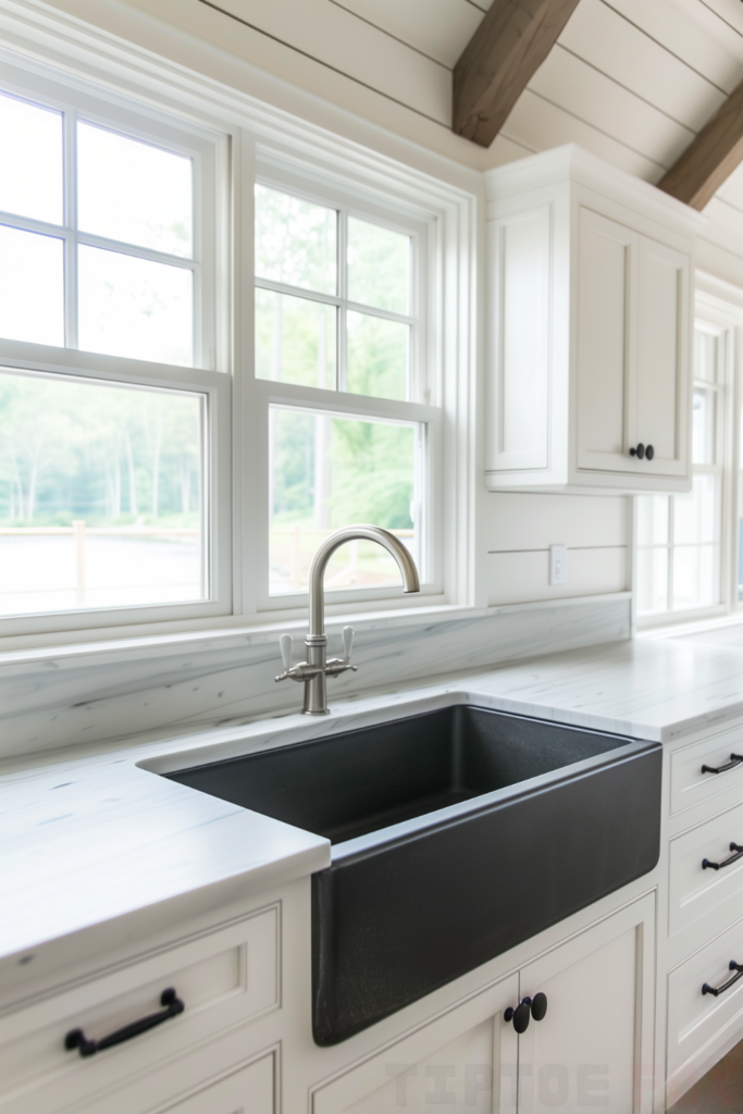 quartz countertops white kitchen black hardware black sink