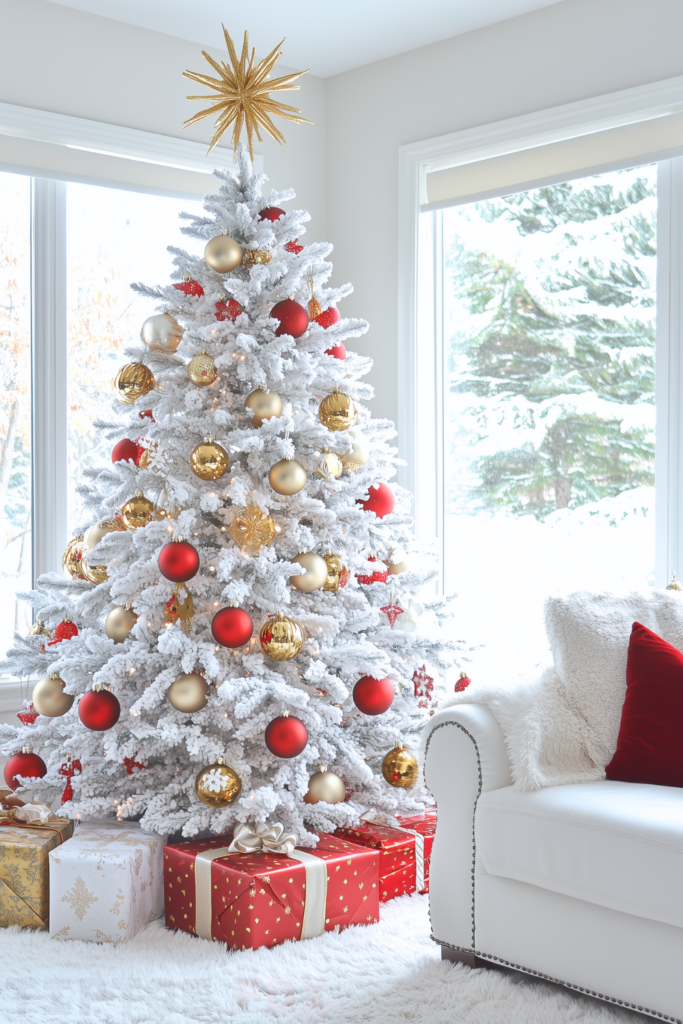 red and gold decor white christmas tree with gold and red ornaments