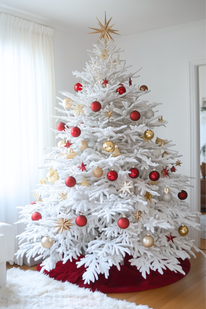 red and gold white christmas tree with gold and red ornaments