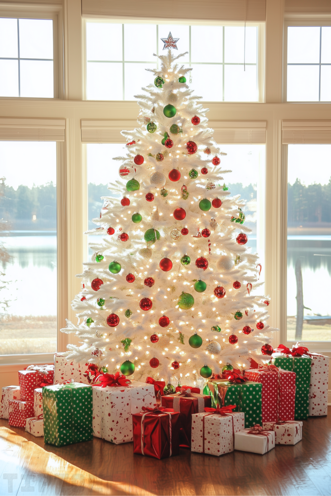 red and green white christmas tree with green and red decorations